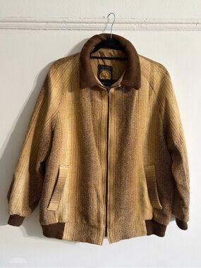Men's Brown Two tone  Gradient Striped Bomber Jacket M Jersey Collar